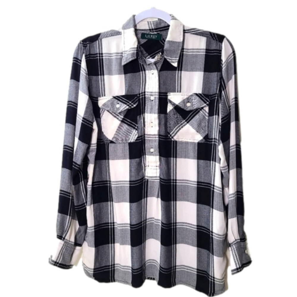 LAUREN Ralph Lauren plaid half button-down long sleeve western shirt PTP 20"